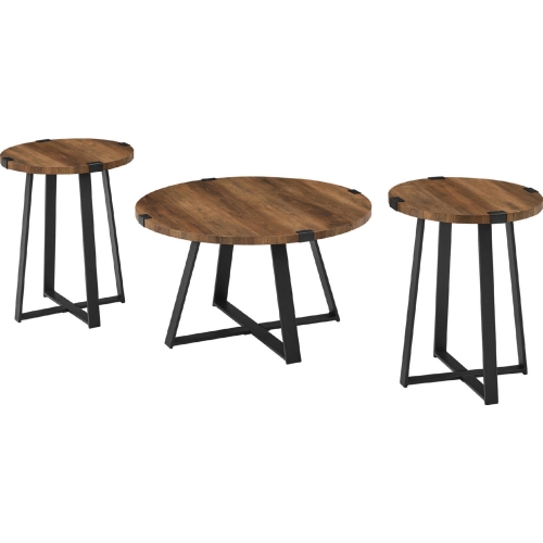 3 Piece Metal Wrap Coffee & 2 Side Table Set in Reclaimed Barnwood